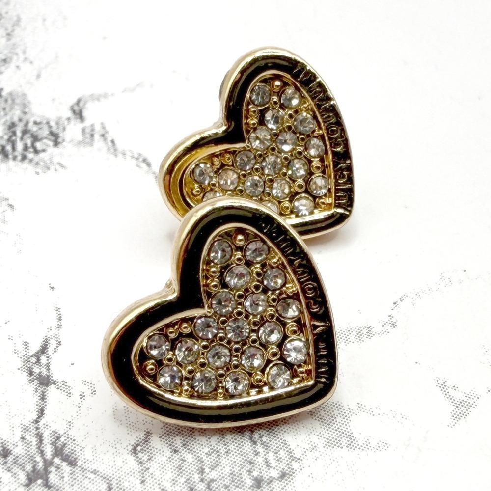 Juicy Couture Gold Tone Heart Stud Earrings Rhinestone Logo 1/2"